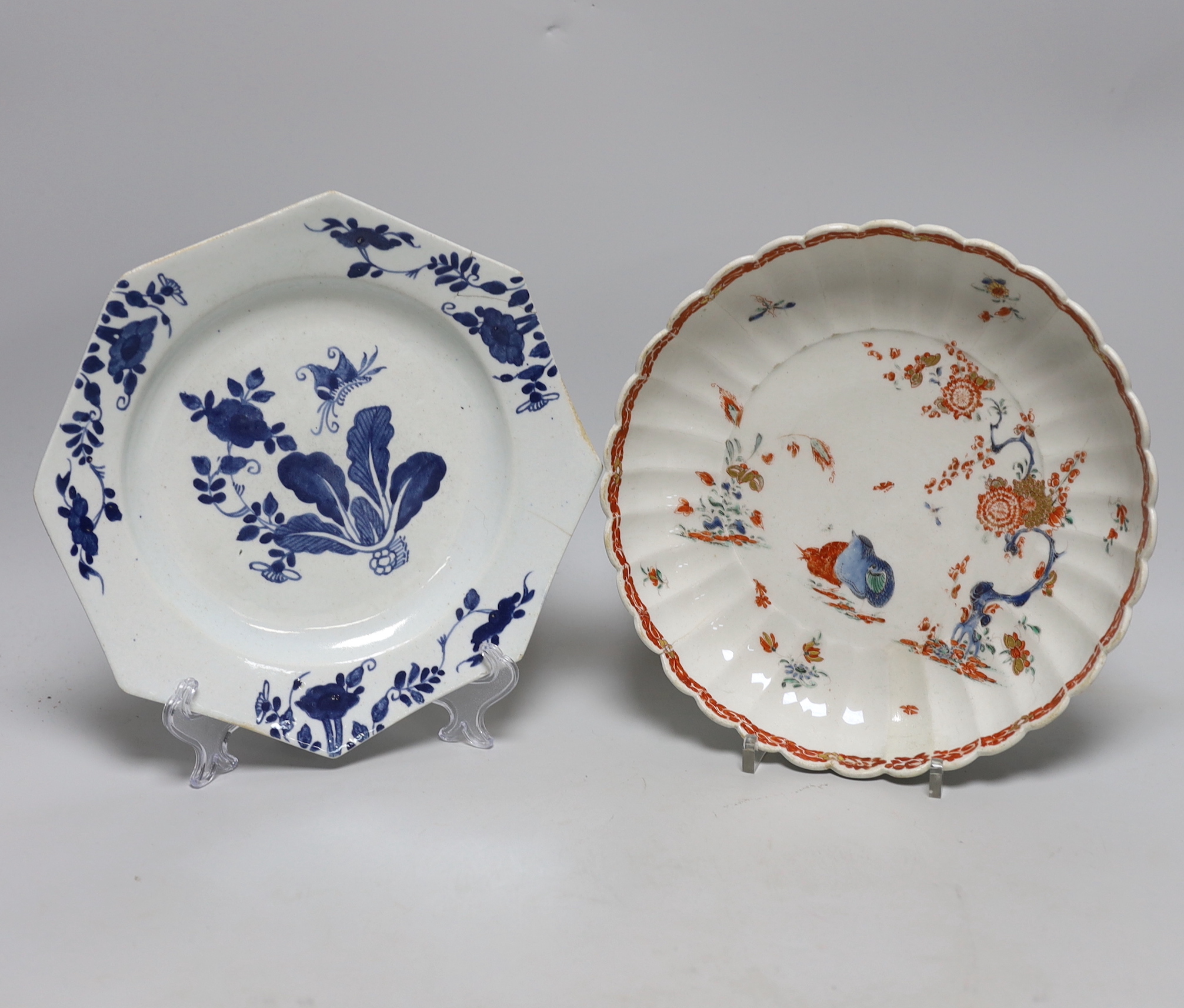 A Bow Two Quail pattern kakiemon style saucer dish, c.1758, and a Bow blue and white octagonal plate, saucer dish 22.3cm diameter